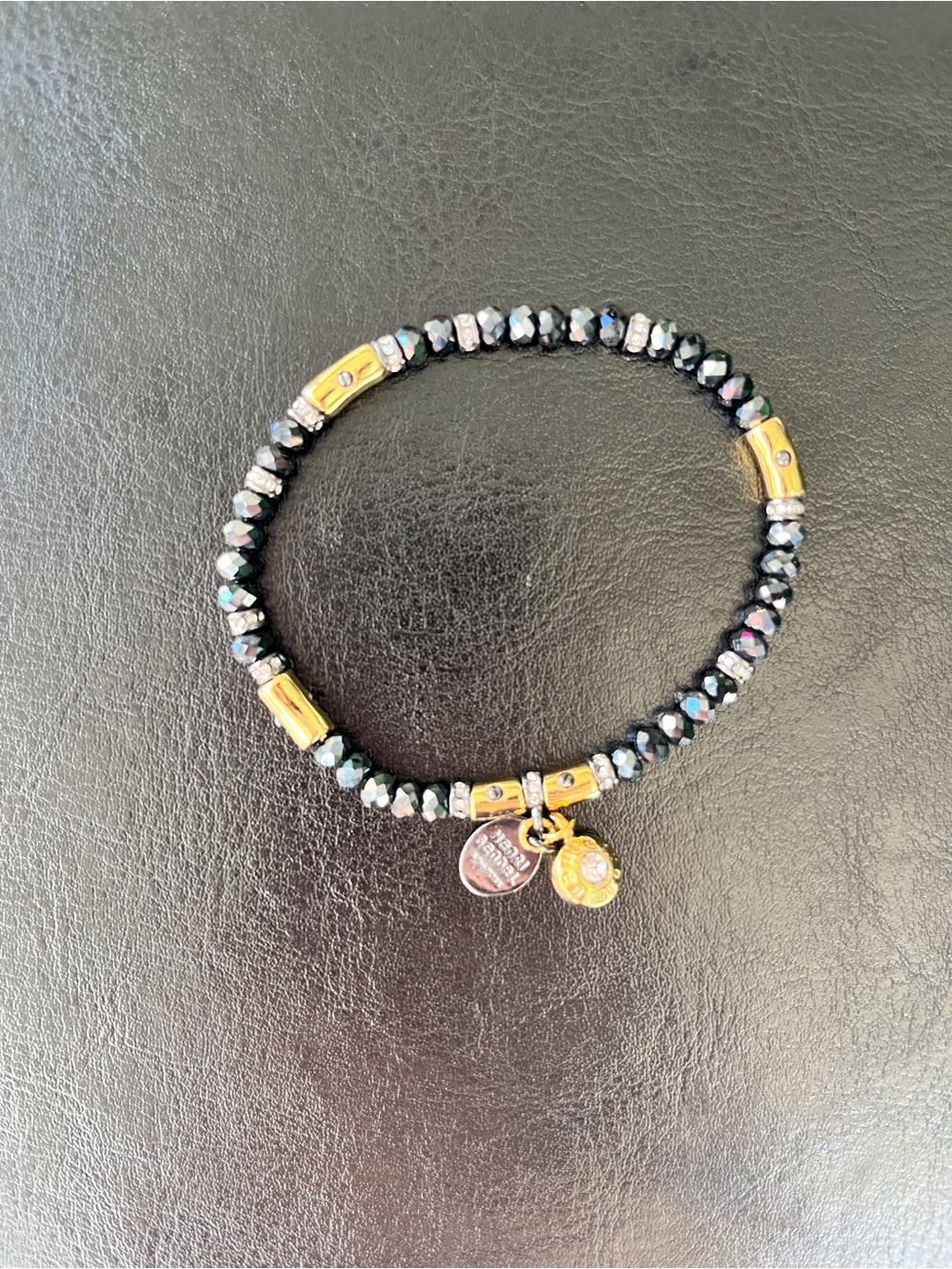 henri bendel Black Faceted Bead Stretch Bracelet with Gold Charms NWOT